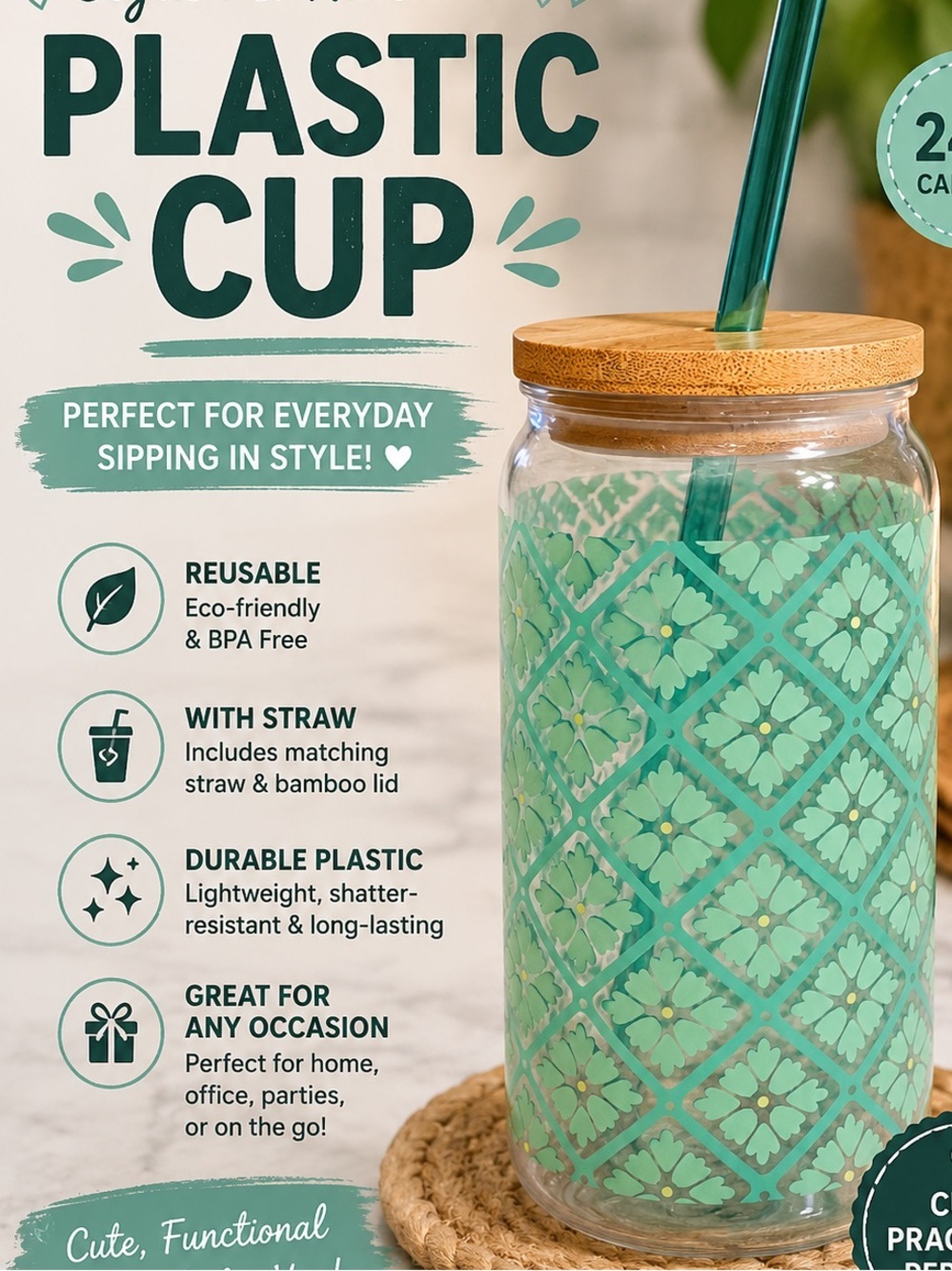 Hand Crafted Mint Green Patterned Reusable Cup with Bamboo Lid